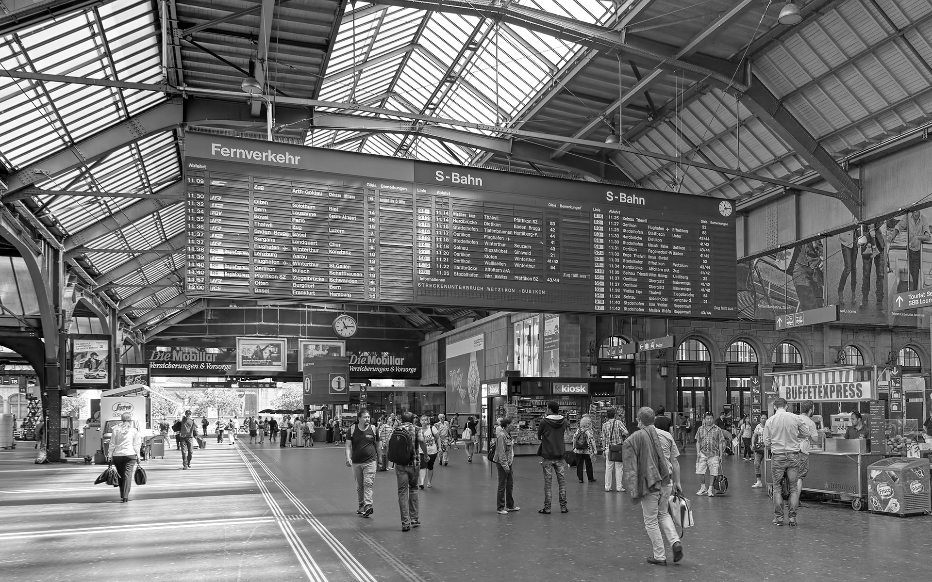 Zurich HB, the city's main railway station, still has a fine range of destination cities on its departure boards, with direct trains to Zagreb, Budapest, Prague, Paris, Venice, Bratislava, Berlin and many other cities. (photo © Denis Linine / dreamstime.com).